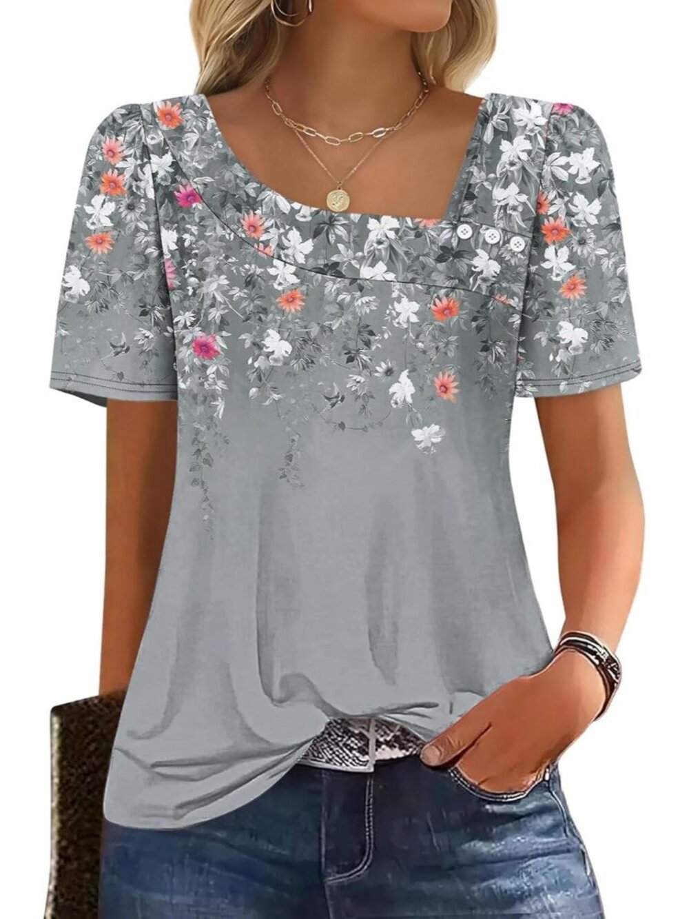 Women's Floral Grey Square Neck Blouse Summer Casual Short Sleeve Spring Top